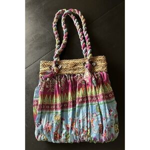 Blue Miami Woven Straw and Cloth Multicolor Beach Boho Tote Handbag Purse Lined
